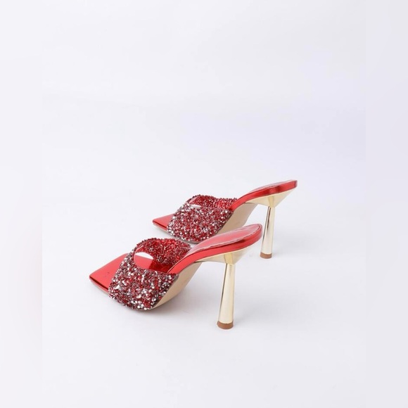 Fashion High Heel Sandals Metal Sequin Embellished Stiletto Mule Sandals - Picture 9 of 11